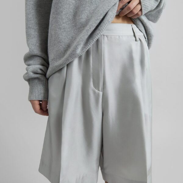 The Frankie Shop Marfa Pleated Silk Bermuda Shorts - Grey - Oversized Minimalist Shorts in Grey - Shop at Coveti