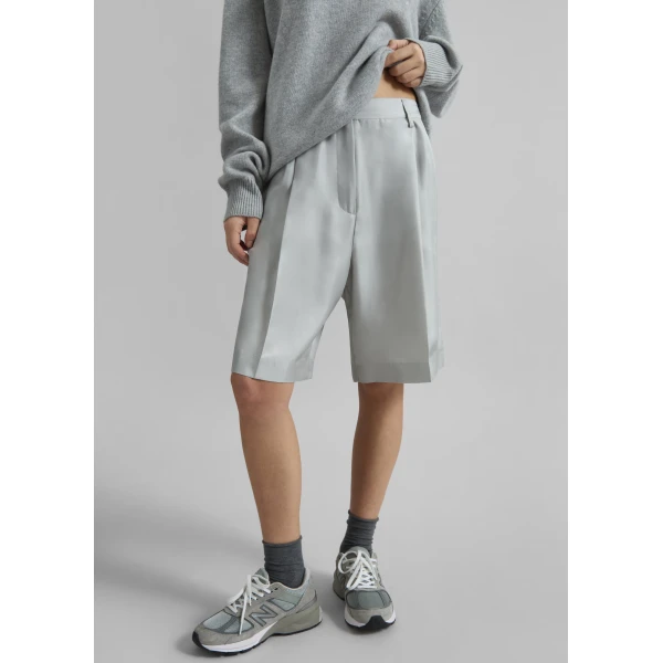 The Frankie Shop Marfa Pleated Silk Bermuda Shorts – Grey, view 4