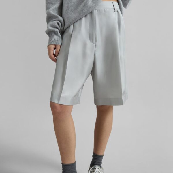 The Frankie Shop Marfa Pleated Silk Bermuda Shorts - Grey - Oversized Minimalist Shorts in Grey - Shop at Coveti