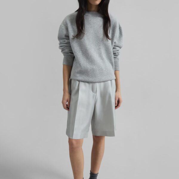The Frankie Shop Marfa Pleated Silk Bermuda Shorts - Grey - Oversized Minimalist Shorts in Grey - Shop at Coveti