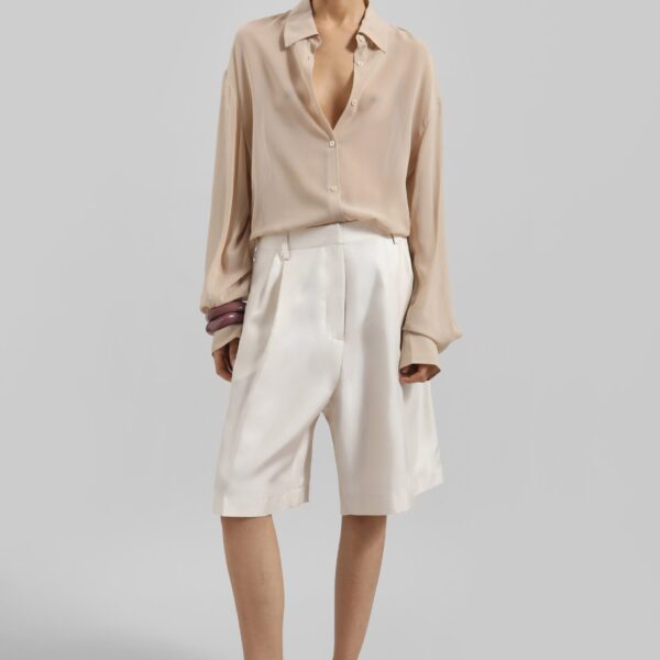 The Frankie Shop Marfa Pleated Silk Bermuda Shorts - Ivory - Oversized Minimalist Shorts in Ivory - Shop at Coveti