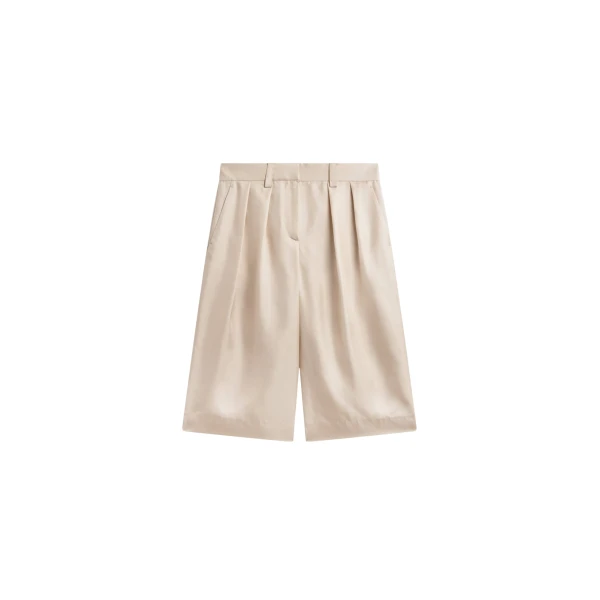 The Frankie Shop Marfa Pleated Silk Bermuda Shorts - Ivory - Oversized Minimalist Shorts in Ivory - Shop at Coveti