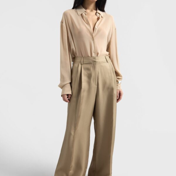The Frankie Shop Marfa Pleated Silk Trousers - Beige - Oversized Minimalist Pants in Beige - Shop at Coveti