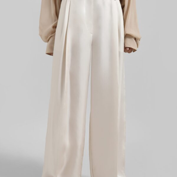 The Frankie Shop Marfa Pleated Silk Trousers - Ivory - Oversized Minimalist Pants in Ivory - Shop at Coveti