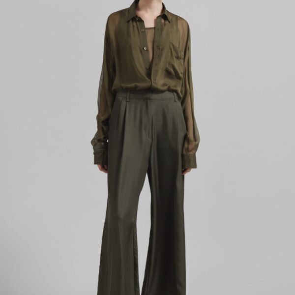 The Frankie Shop Marfa Pleated Silk Trousers - Khaki - Oversized Minimalist Pants in Green - Shop at Coveti