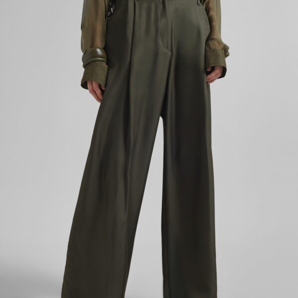 The Frankie Shop Marfa Pleated Silk Trousers - Khaki - Oversized Minimalist Pants in Green - Shop at Coveti