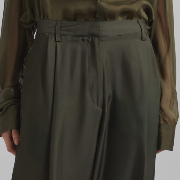 The Frankie Shop Marfa Pleated Silk Trousers - Khaki - Oversized Minimalist Pants in Green - Shop at Coveti