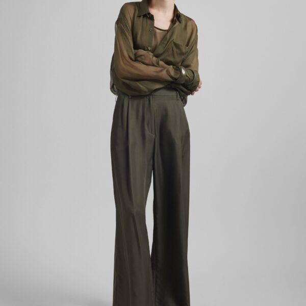 The Frankie Shop Marfa Pleated Silk Trousers - Khaki - Oversized Minimalist Pants in Green - Shop at Coveti