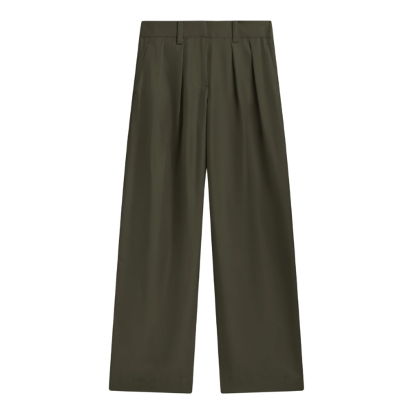 The Frankie Shop Marfa Pleated Silk Trousers - Khaki - Oversized Minimalist Pants in Green - Shop at Coveti