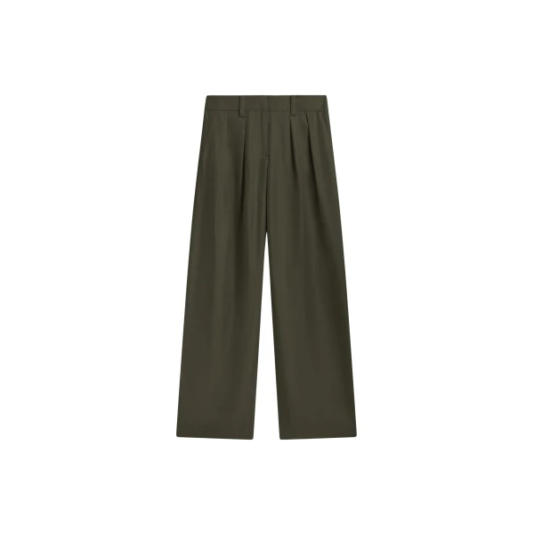 The Frankie Shop Marfa Pleated Silk Trousers - Khaki - Oversized Minimalist Pants in Green - Shop at Coveti