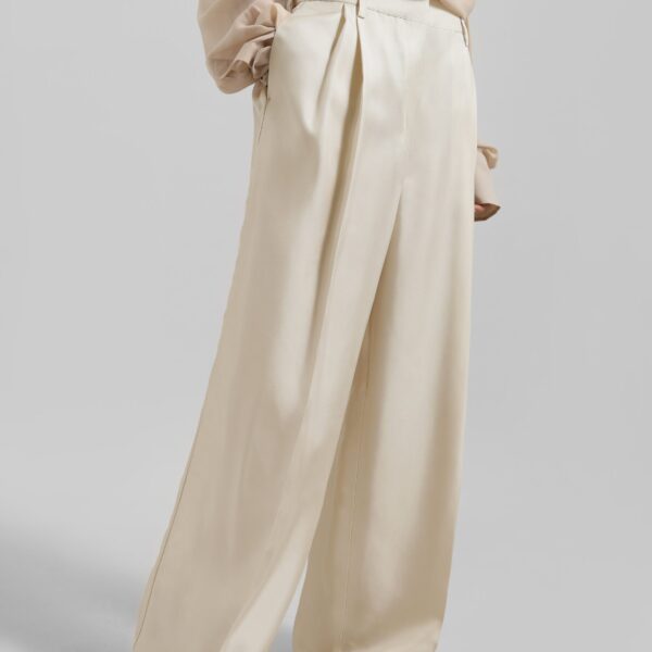 The Frankie Shop Marfa Pleated Silk Trousers - Light Beige - Oversized Minimalist Pants in Beige - Shop at Coveti