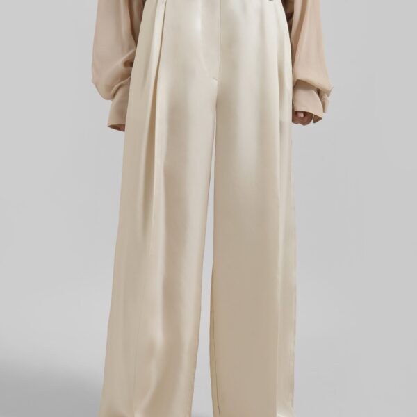 The Frankie Shop Marfa Pleated Silk Trousers - Light Beige - Oversized Minimalist Pants in Beige - Shop at Coveti