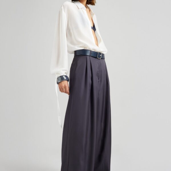 The Frankie Shop Marfa Pleated Silk Trousers - Storm Grey - Oversized Minimalist Pants in Grey - Shop at Coveti