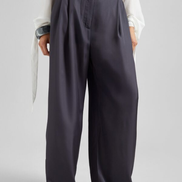 The Frankie Shop Marfa Pleated Silk Trousers - Storm Grey - Oversized Minimalist Pants in Grey - Shop at Coveti