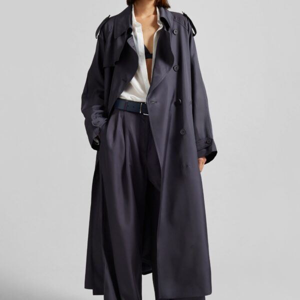 The Frankie Shop Marfa Pleated Silk Trousers - Storm Grey - Oversized Minimalist Pants in Grey - Shop at Coveti