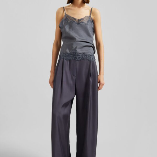 The Frankie Shop Marfa Pleated Silk Trousers - Storm Grey - Oversized Minimalist Pants in Grey - Shop at Coveti