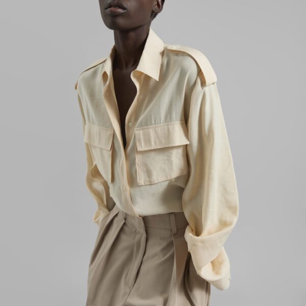 The Frankie Shop Marlon Button Up Shirt - Beige - Oversized Minimalist Tops in Beige - Shop at Coveti