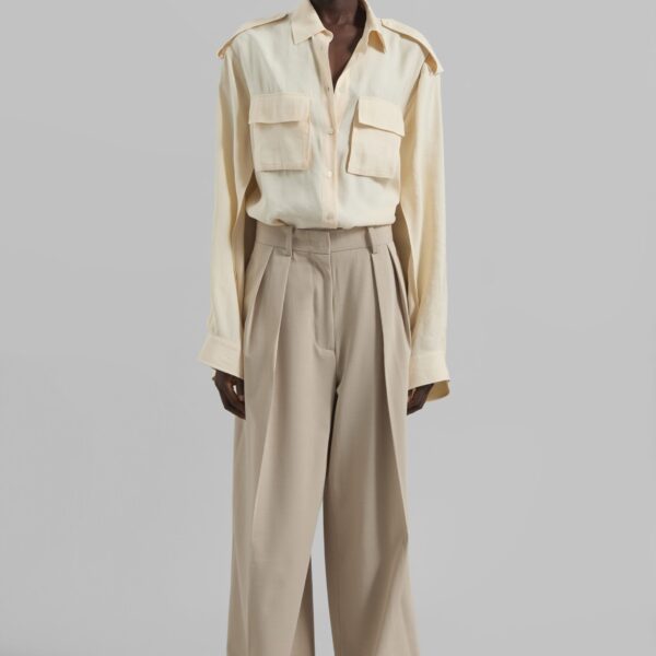The Frankie Shop Marlon Button Up Shirt - Beige - Oversized Minimalist Tops in Beige - Shop at Coveti