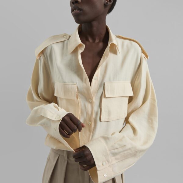 The Frankie Shop Marlon Button Up Shirt - Beige - Oversized Minimalist Tops in Beige - Shop at Coveti