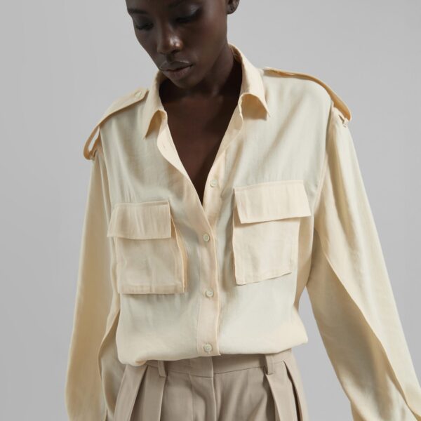 The Frankie Shop Marlon Button Up Shirt - Beige - Oversized Minimalist Tops in Beige - Shop at Coveti