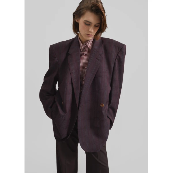 The Frankie Shop Marnay Padded Blazer – Burgundy Plaid, view 5