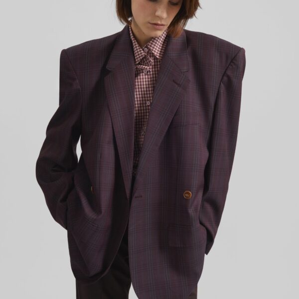 The Frankie Shop Marnay Padded Blazer - Burgundy Plaid - Oversized Minimalist Jackets in Multicolour - Shop at Coveti