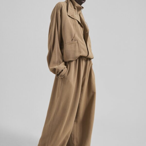 The Frankie Shop Marvin Linen Jumpsuit - Camel - Oversized Minimalist Jumpsuit in Beige - Shop at Coveti