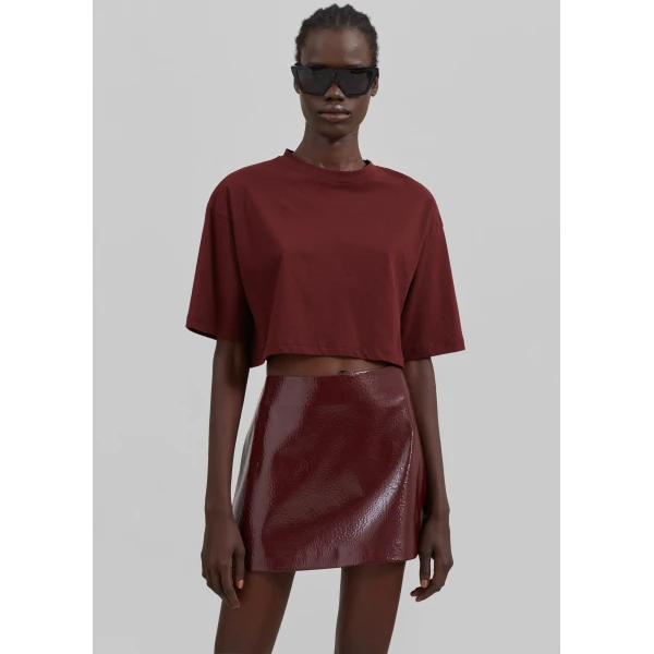 The Frankie Shop Mary Crackled Faux Leather Mini Skirt – Burgundy, view 3