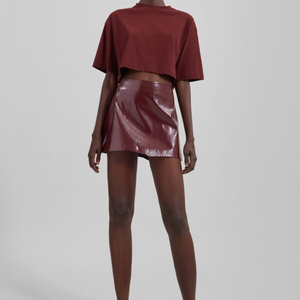The Frankie Shop Mary Crackled Faux Leather Mini Skirt - Burgundy - Oversized Minimalist Skirts in Red - Shop at Coveti