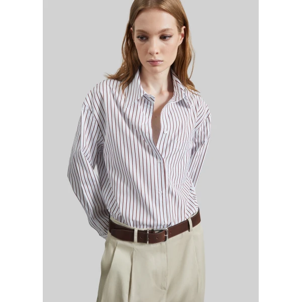 The Frankie Shop Maud Oversized Cotton Poplin Shirt – Dark Red/Light Blue, view 2