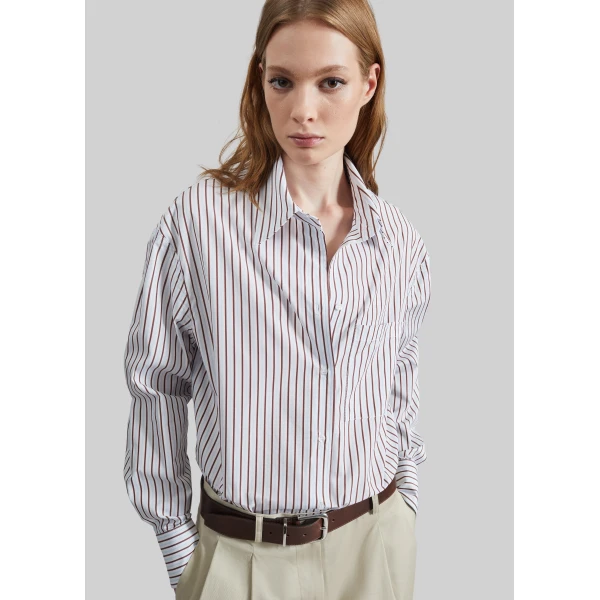 The Frankie Shop Maud Oversized Cotton Poplin Shirt – Dark Red/Light Blue, view 5