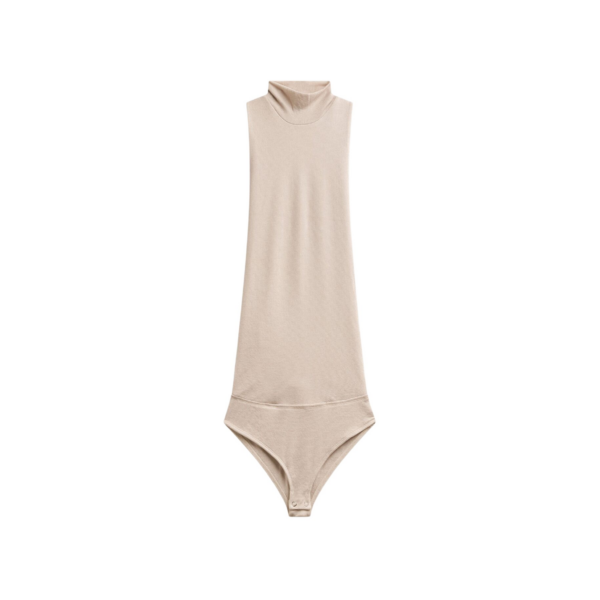 The Frankie Shop Maxen Mock Neck Bodysuit - Beige - Oversized Minimalist Bikini in Beige - Shop at Coveti