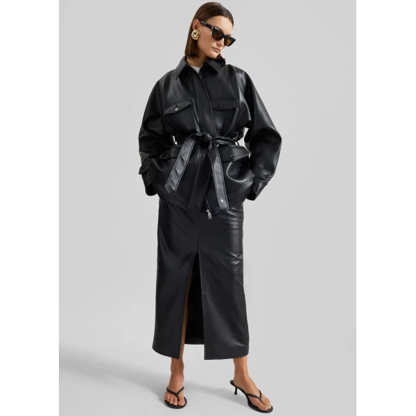 The Frankie Shop Maybelle Faux Leather Front Slit Pencil Skirt – Black, view 4