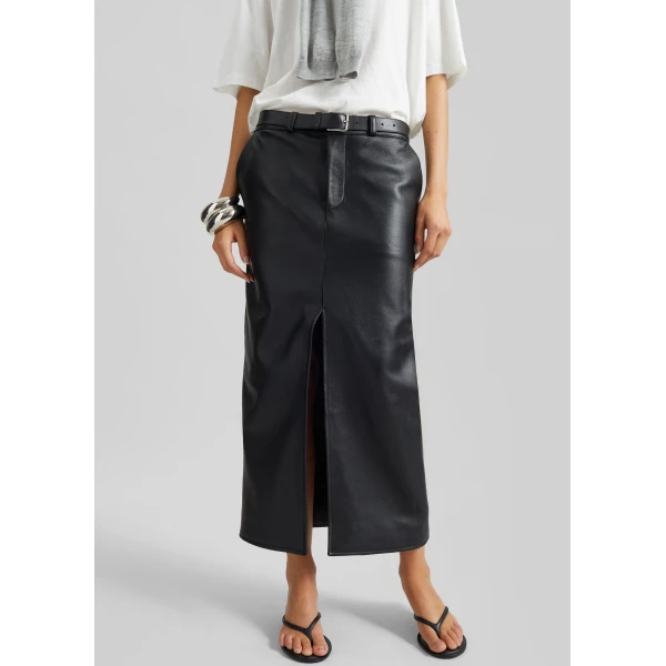 The Frankie Shop Maybelle Faux Leather Front Slit Pencil Skirt – Black, view 6
