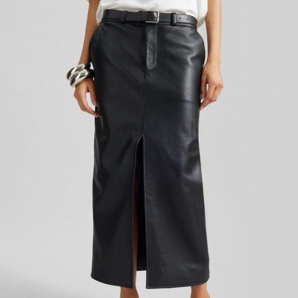 The Frankie Shop Maybelle Faux Leather Front Slit Pencil Skirt - Black - Oversized Minimalist Skirts in Black - Shop at Coveti