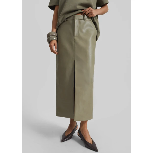 The Frankie Shop Maybelle Faux Leather Front Slit Pencil Skirt – Sage, view 3