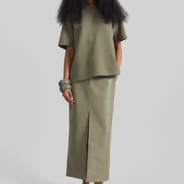 The Frankie Shop Maybelle Faux Leather Front Slit Pencil Skirt - Sage - Oversized Minimalist Skirts in Green - Shop at Coveti