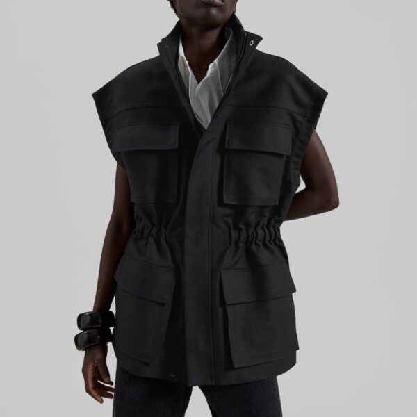 The Frankie Shop Melton Detachable Sleeve Cargo Jacket - Black - Oversized Minimalist Jackets in Black - Shop at Coveti