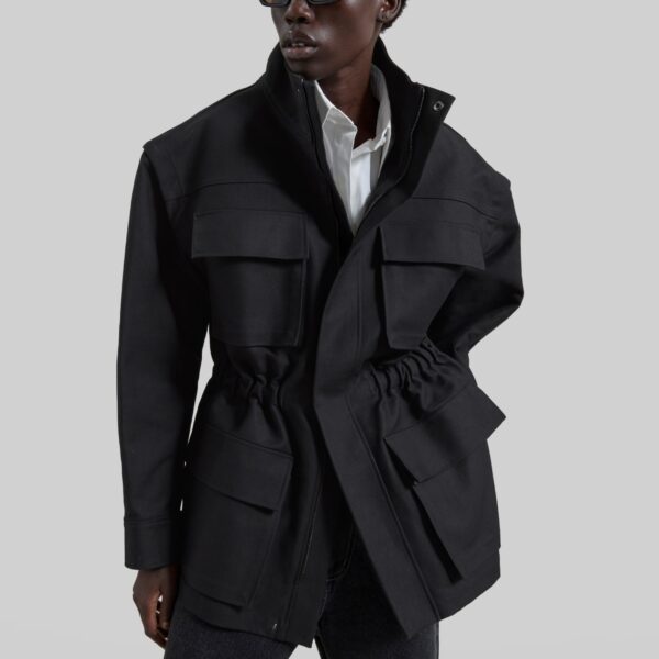 The Frankie Shop Melton Detachable Sleeve Cargo Jacket - Black - Oversized Minimalist Jackets in Black - Shop at Coveti