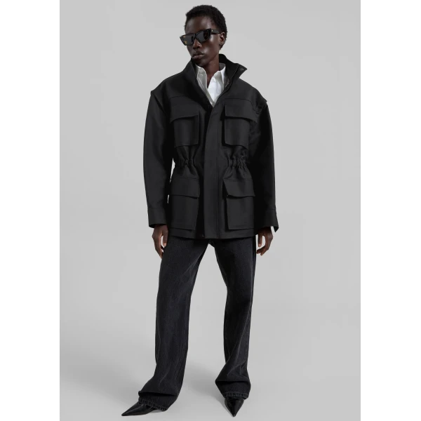 The Frankie Shop Melton Detachable Sleeve Cargo Jacket – Black, view 5