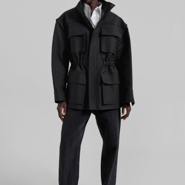 The Frankie Shop Melton Detachable Sleeve Cargo Jacket - Black - Oversized Minimalist Jackets in Black - Shop at Coveti