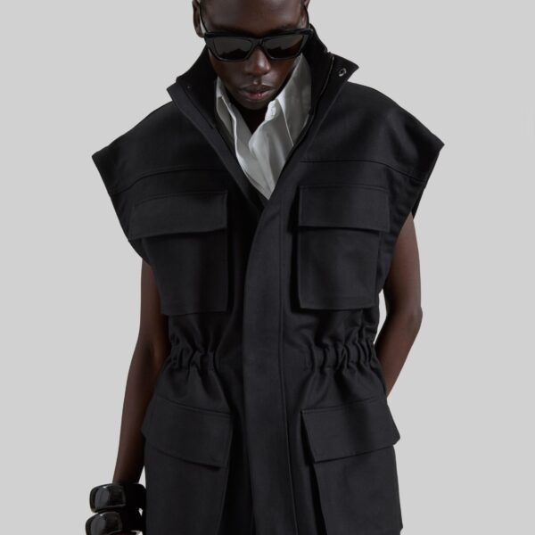 The Frankie Shop Melton Detachable Sleeve Cargo Jacket - Black - Oversized Minimalist Jackets in Black - Shop at Coveti