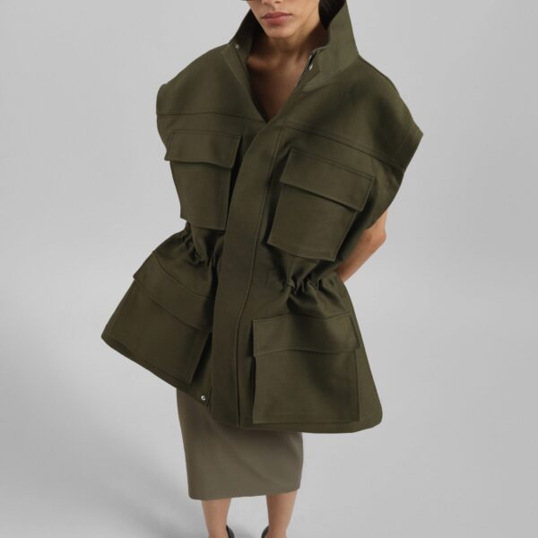 The Frankie Shop Melton Detachable Sleeve Cargo Jacket - Khaki - Oversized Minimalist Jackets in Green - Shop at Coveti