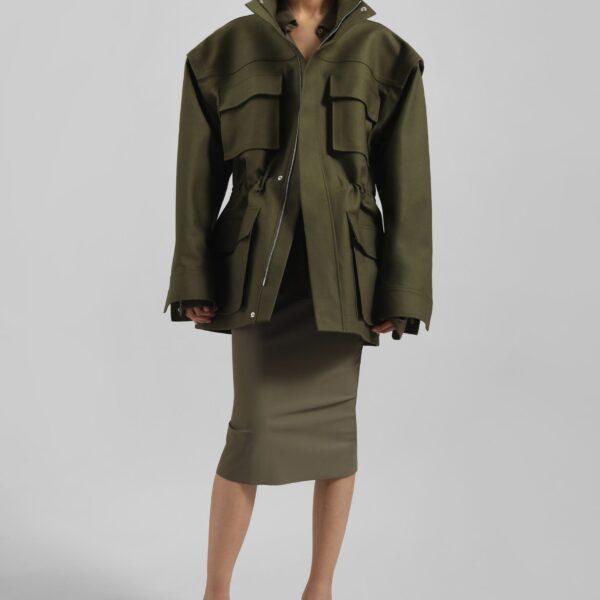 The Frankie Shop Melton Detachable Sleeve Cargo Jacket - Khaki - Oversized Minimalist Jackets in Green - Shop at Coveti