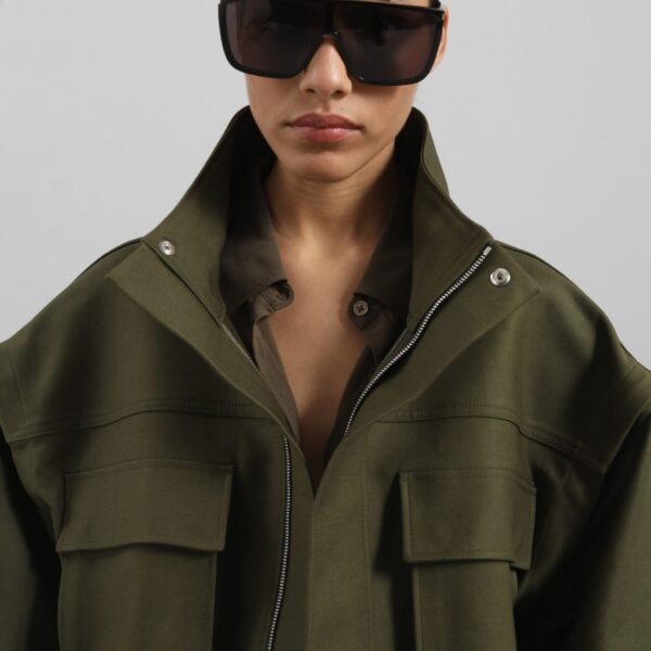 The Frankie Shop Melton Detachable Sleeve Cargo Jacket - Khaki - Oversized Minimalist Jackets in Green - Shop at Coveti