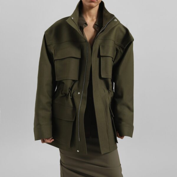 The Frankie Shop Melton Detachable Sleeve Cargo Jacket - Khaki - Oversized Minimalist Jackets in Green - Shop at Coveti