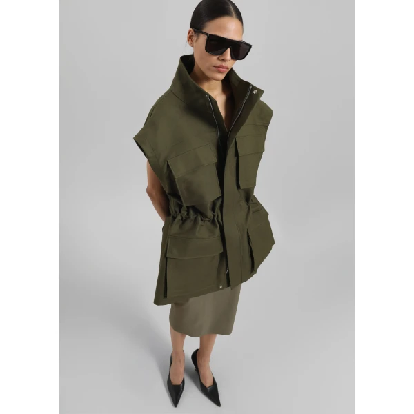 The Frankie Shop Melton Detachable Sleeve Cargo Jacket – Khaki, view 6