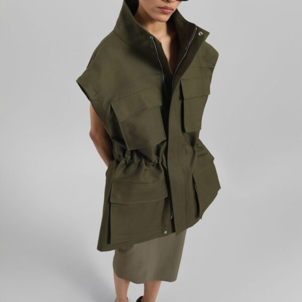 The Frankie Shop Melton Detachable Sleeve Cargo Jacket - Khaki - Oversized Minimalist Jackets in Green - Shop at Coveti