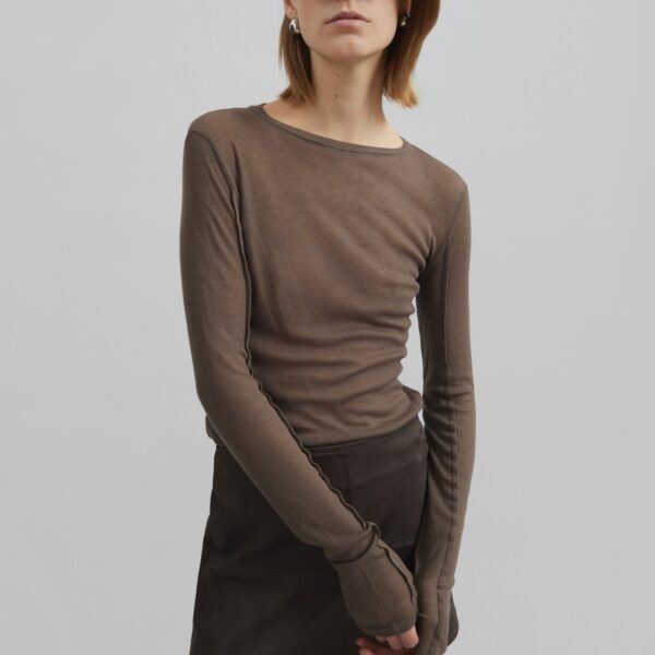 The Frankie Shop Mesa Sheer Long Sleeve Tee - Brown - Oversized Minimalist Tops in Beige - Shop at Coveti