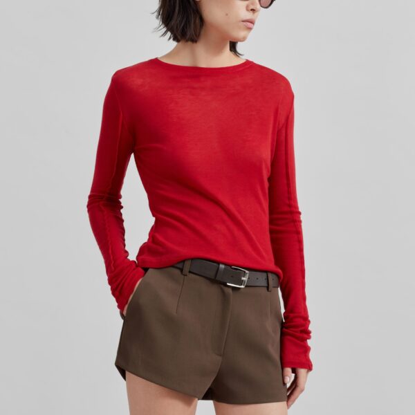 The Frankie Shop Mesa Sheer Long Sleeve Tee - Red - Oversized Minimalist Tops in Red - Shop at Coveti